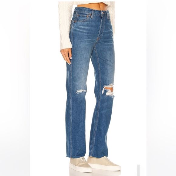 RE/DONE 90s High Rise Loose Jeans Destroyed Broken Blue - Picture 6 of 12